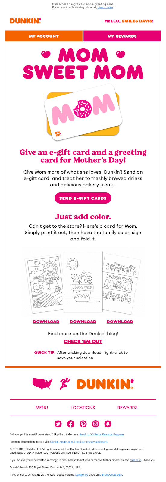 Dunkin' Donuts gift card for Mother's Day example.