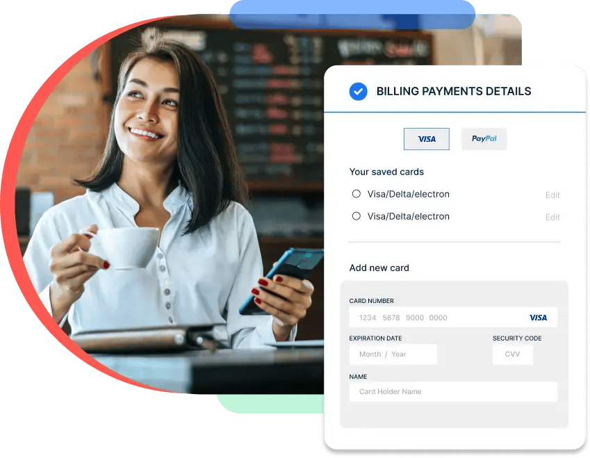 Woman accepting payment over the phone using a virtual terminal and entering billing details