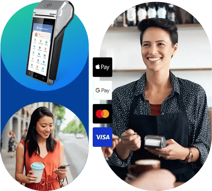 Women using a POS machine that can take a variety of payments, one of the benefits of payment processing