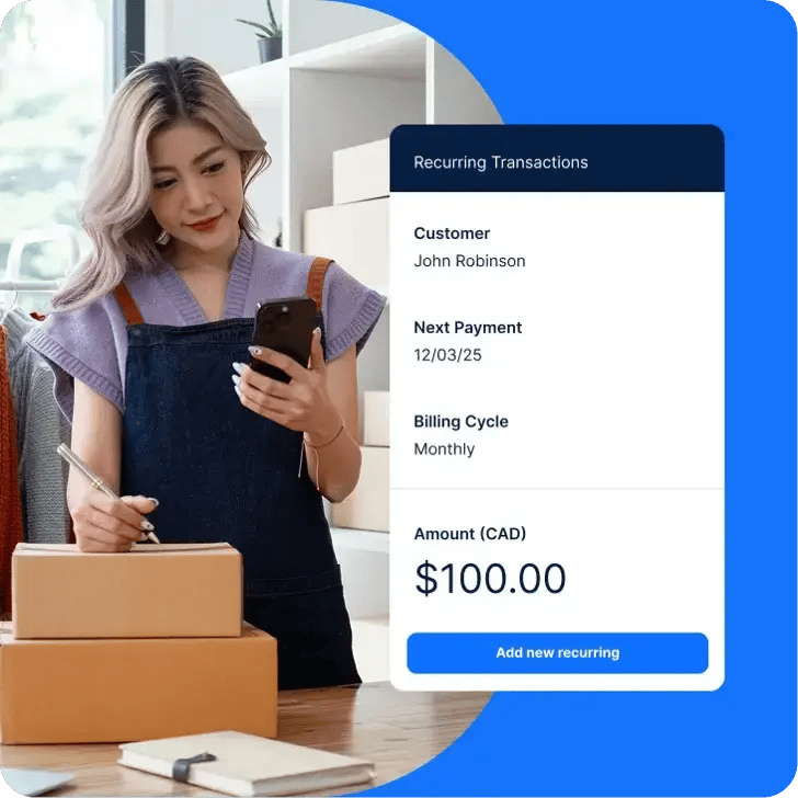 Small business owner using Paystone’s virtual terminal to process a recurring transaction Small business owner using Paystone’s virtual terminal to process a recurring transaction