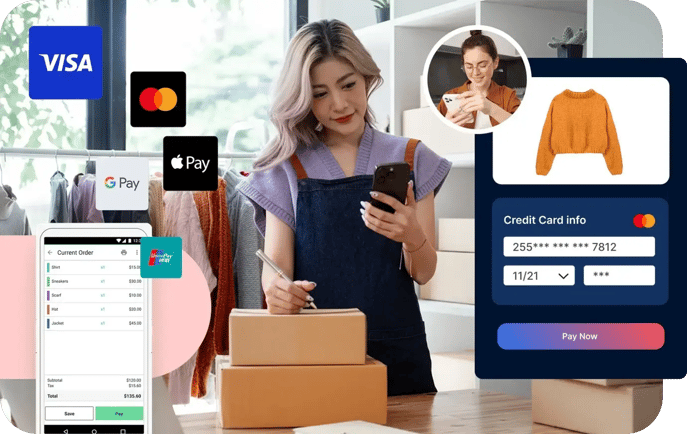 Business owner sending packages to customers and using payment processing