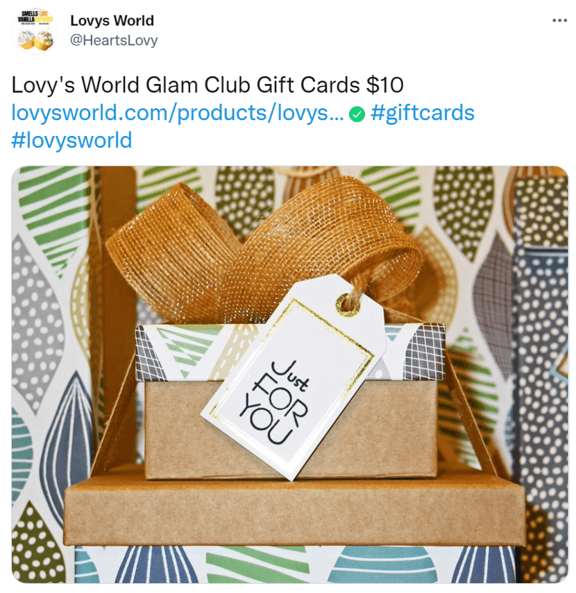 Lovy's World Glam Club gift card example.