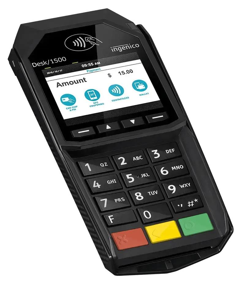 Left view product shot of the Desk/1500 Pin Pad Terminal