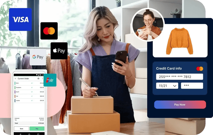 Business owner sending packages to customers and using payment processing