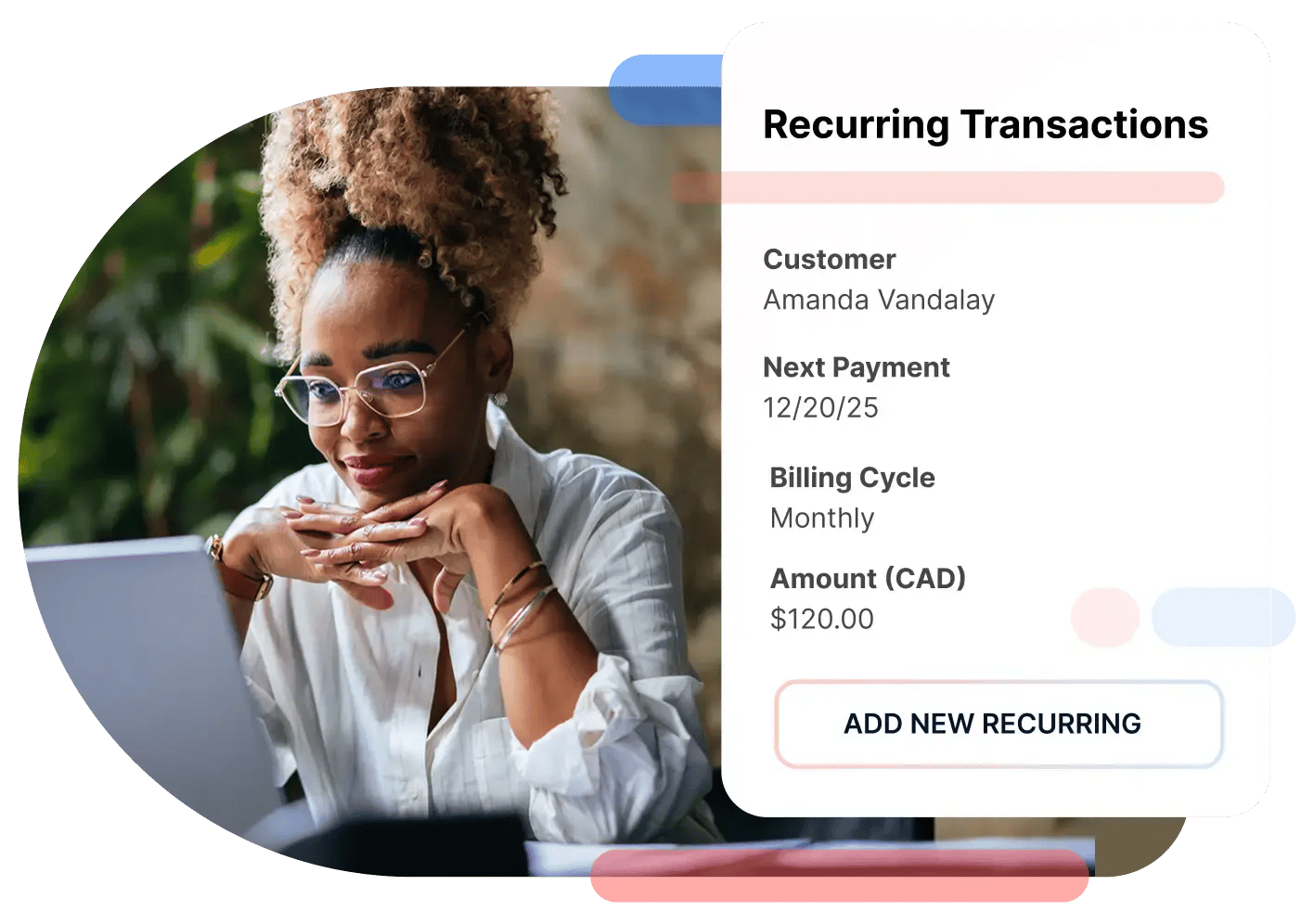 Amanda Vandalay setting up recurring payments on her laptop