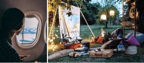 Women Looking out plane window + Backyard evening picnic movie night with food Paystone