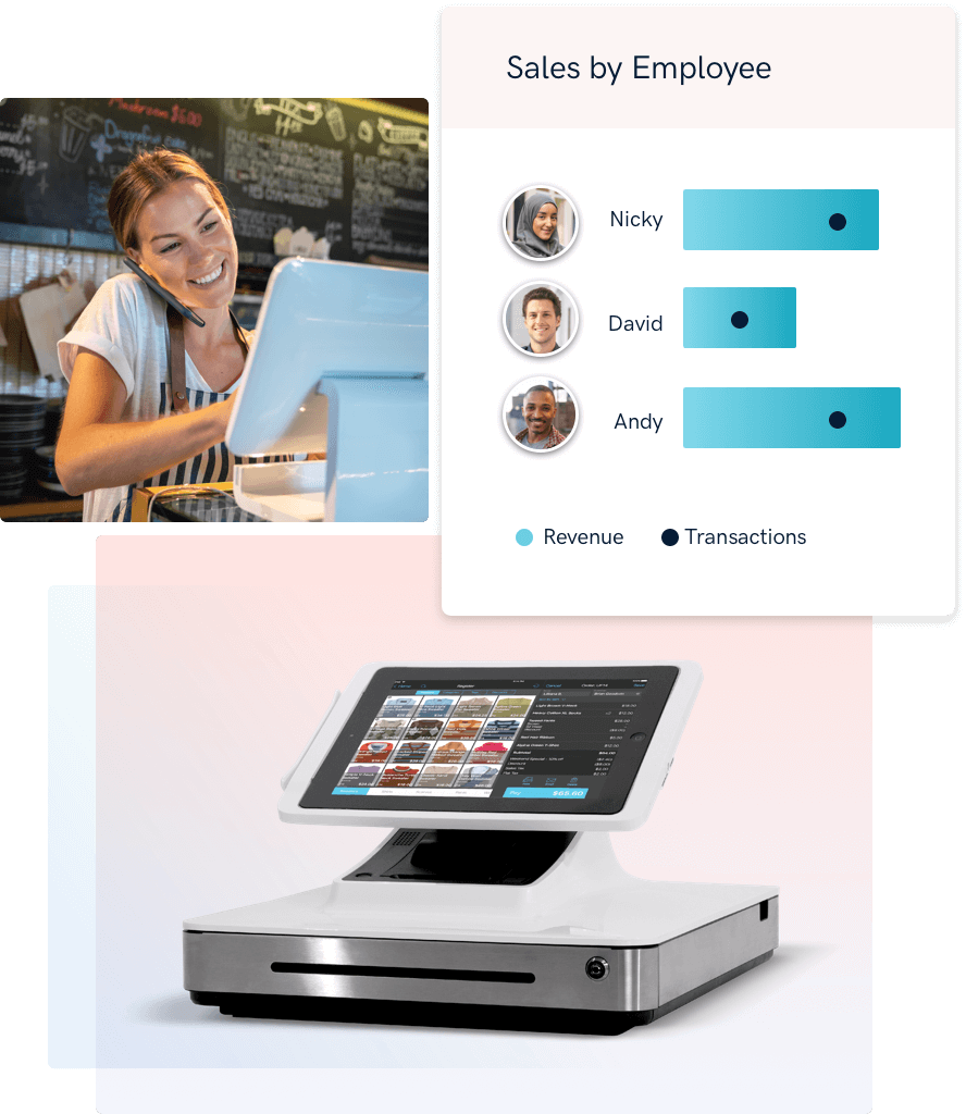 Talech point of sale system shows revenue and transactions by employee Talech point of sale system shows revenue and transactions by employee