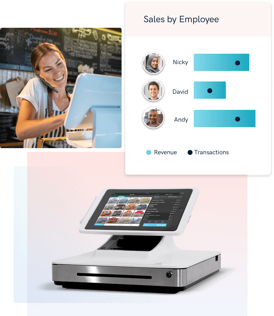 Talech point of sale system shows revenue and transactions by employee