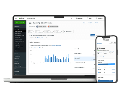 Laptop and mobile displaying Clover dashboard monitoring real-time transaction reports