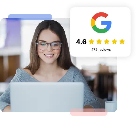 Woman wearing glasses sharing a Google review rating on her laptop