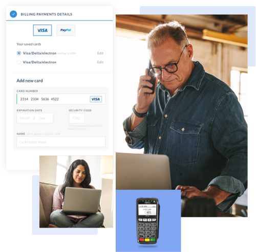 Collection of images portraying a business owner accepting payments on his virtual terminal Collection of images portraying a business owner accepting payments on his virtual terminal