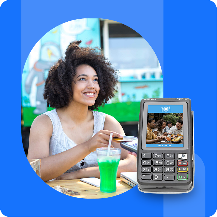 Woman paying for her drink with a card using a Move/5000 POS debit machine