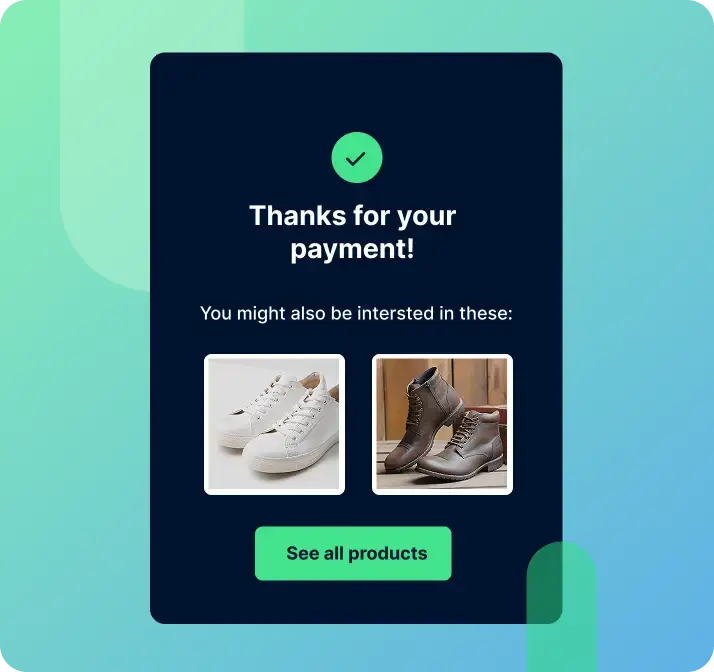 Platform showing customizable thank you note with images of product