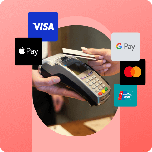 POS machine accepting payments via VISA, Apple Pay, Google Pay, MasterCard, and UnionPay