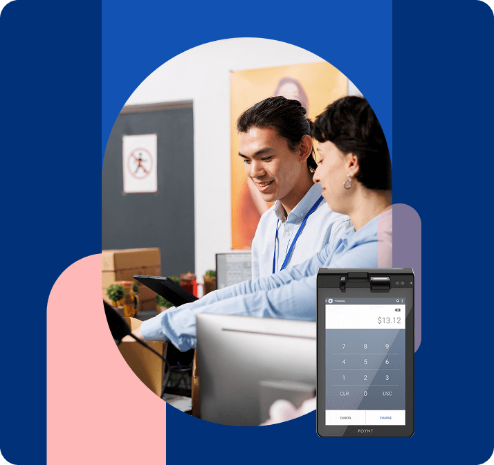 Woman explaining a POS system with CRM tools on a tablet to a man