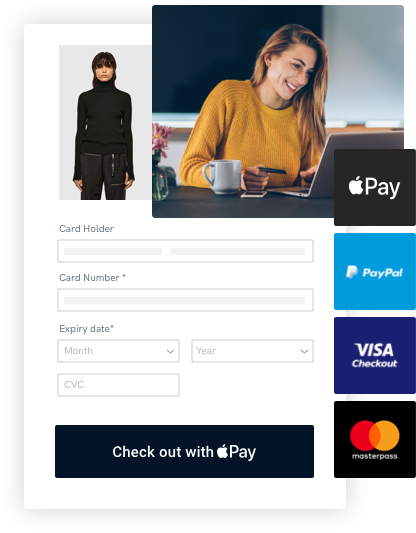 Woman with organe sweater using Paystone's online payment gateway to complete a purchase Woman with organe sweater using Paystone's online payment gateway to complete a purchase