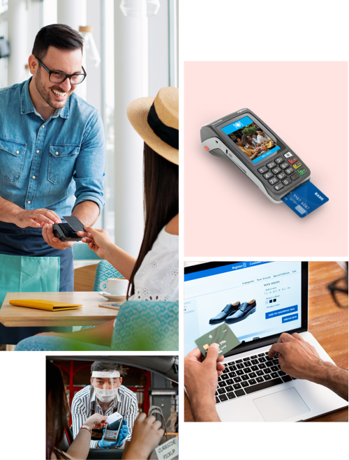 Collection of images portraying customers accepting payments from in-store and online businesses Collection of images portraying customers accepting payments from in-store and online businesses