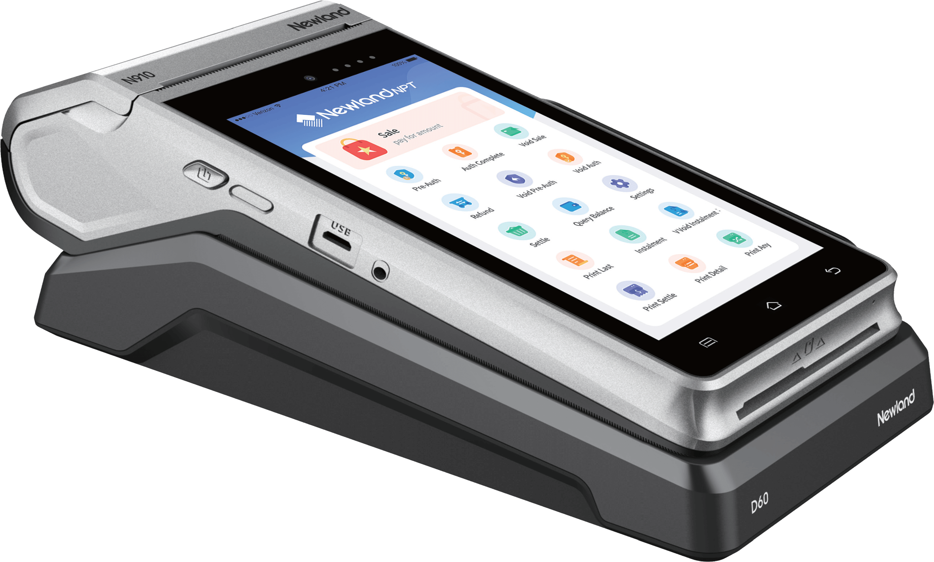 Newland N910 Smart terminal facing up with apps