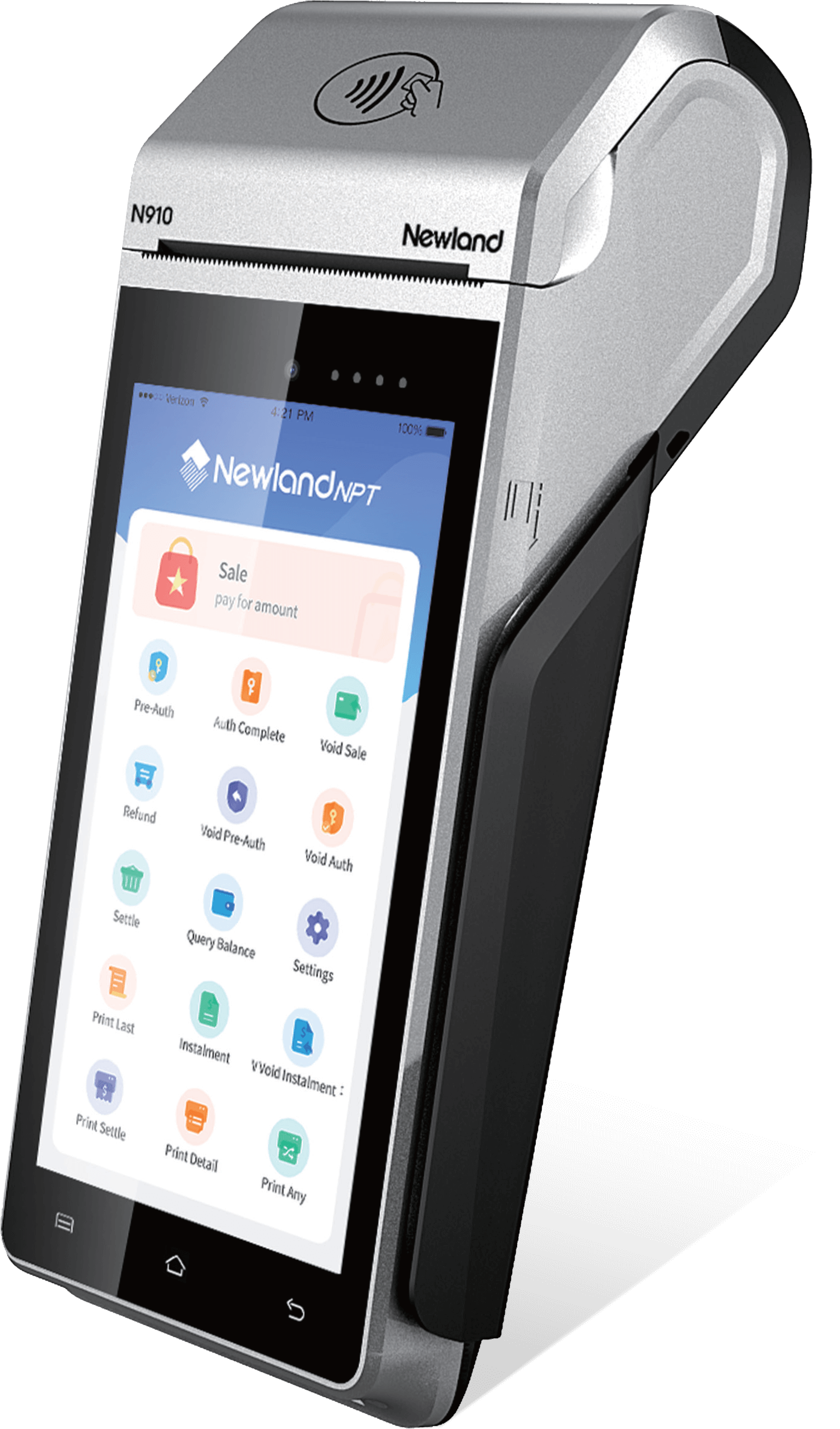 Newland N910 Smart terminal front right facing apps