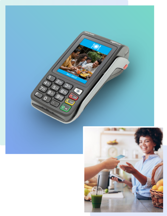 Credit card terminal on blue background
