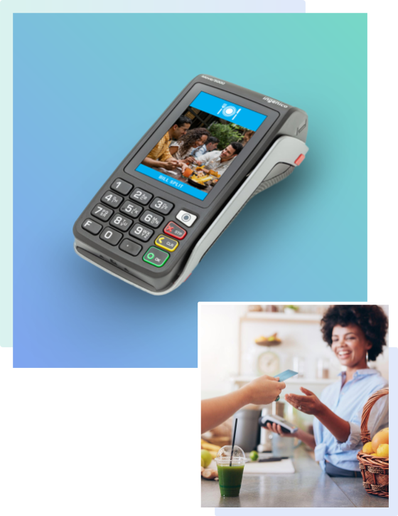 Credit card terminal on blue background