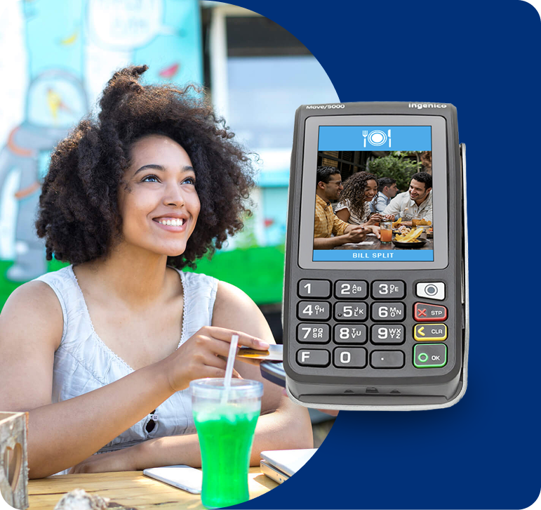 Woman paying for her drink with a card using a POS system