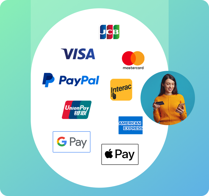 Payment page platform accepting payments via VISA, Apple Pay, Google Pay, MasterCard, and UnionPay