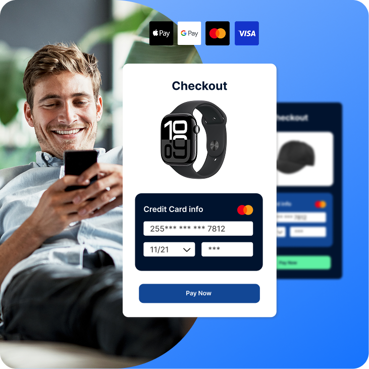 Happy man making an online watch purchase by entering credit card details on a secure payment gateway