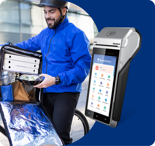 Delivery man using a POS system to accept payment for a delivery order
