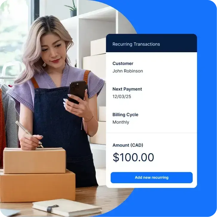 Small business owner using Paystone’s virtual terminal to process a recurring transaction