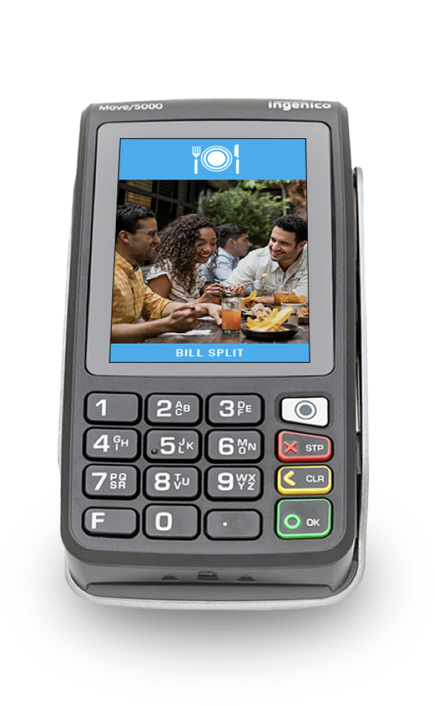 Product image of Move/5000 Smart Terminal, front-right view showing apps and debit machine interface