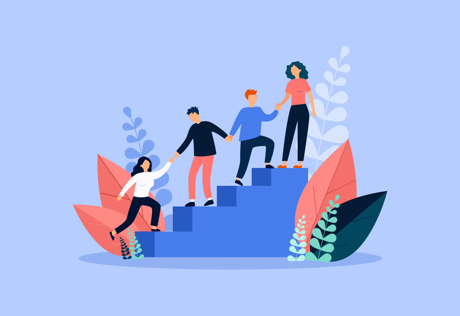 Four people all helping each other up large steps to represent a company's performance management program.